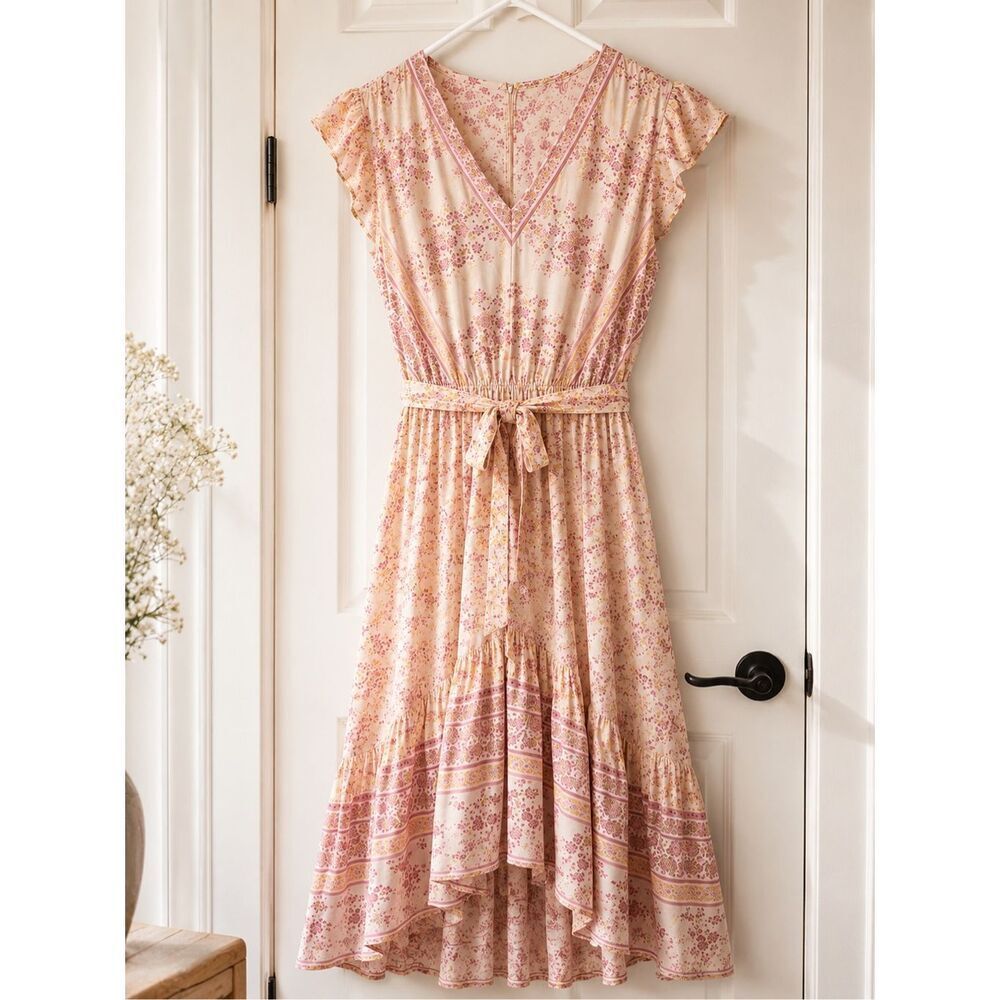 Romantic Boho Floral Maxi Dress | Flutter Sleeve Tie Waist | Cottagecore Vacatio
